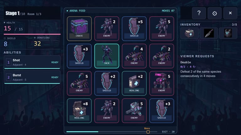 Cyber Psycho - Jack on the 4x4 arena board surrounded by enemies, shields and crates